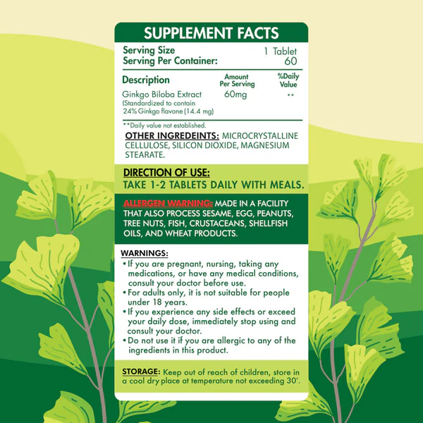 Ginkgo Biloba 60mg-60Serv.-60Capsules - Image 2